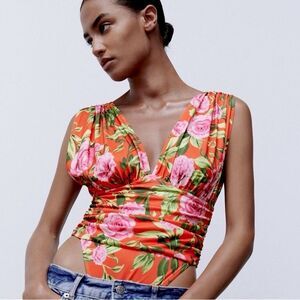ZARA Bodysuit Multicolor Draped Floral Leotard Size S • NEW WITHOUT TAGS